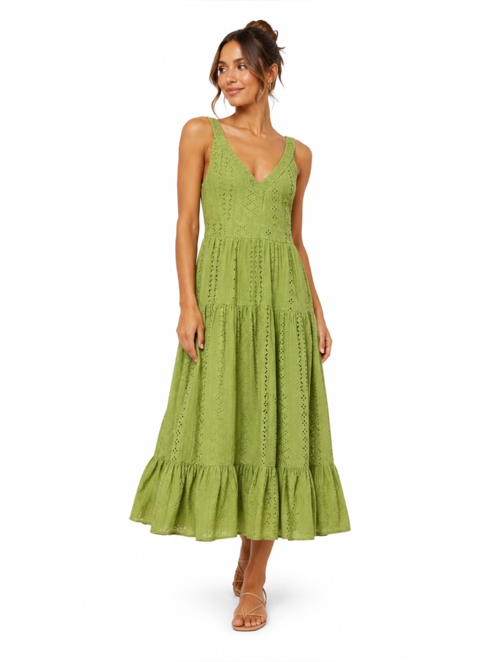 A Collective Story Eyelet Midi Dress Green Smocked Cottagecore Boho Prairie